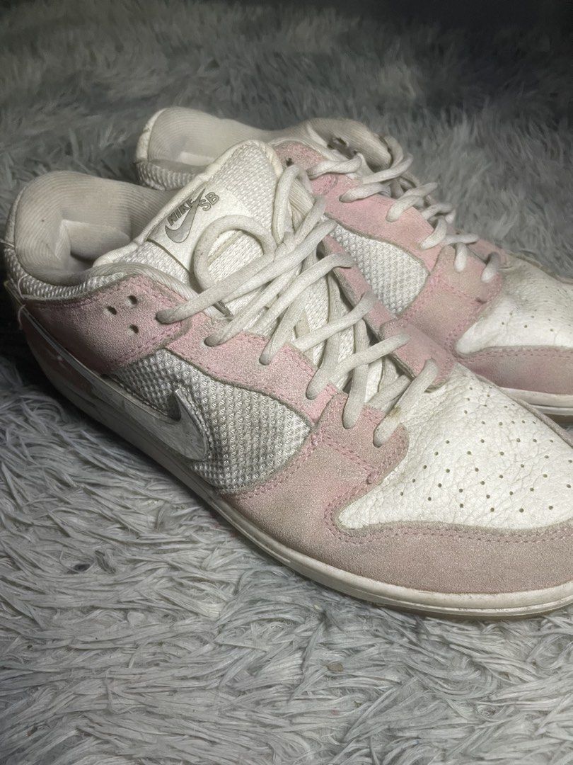 Nike SB Dunk Low Pro April Skateboard (Category: Sneakers) located in Manila. Submitted by kyyyyyih (Listing ID 1470282711, Image 3). Description: - Model: Nike SB Dunk Low Pro x April Skateboards (Turbo Green & Metallic Silver) - Design: White tumbled leather base, pink suede overlays, metallic silver swoosh, and custom graphic transparent outsole - Details: White laces and dual tongue branding with 'April' text - Condition: Well loved pair with