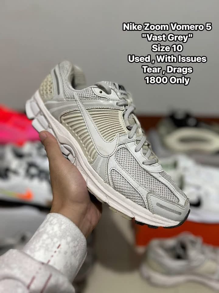 Nike Zoom Vomero 5 "Vast Grey" (Category: Sneakers) located in Quezon City. Submitted by bertsonamilasolidshoes (Listing ID 1470173852, Image 1). Description: - Model: Nike Zoom Vomero 5 - Colorway: Vast Grey - Size: 10 US - Condition: Pre-owned with visible flaws (tears and sole drags) - Best for: Everyday running or as a beater rotation pair - Price: Priced to clear based on condition.