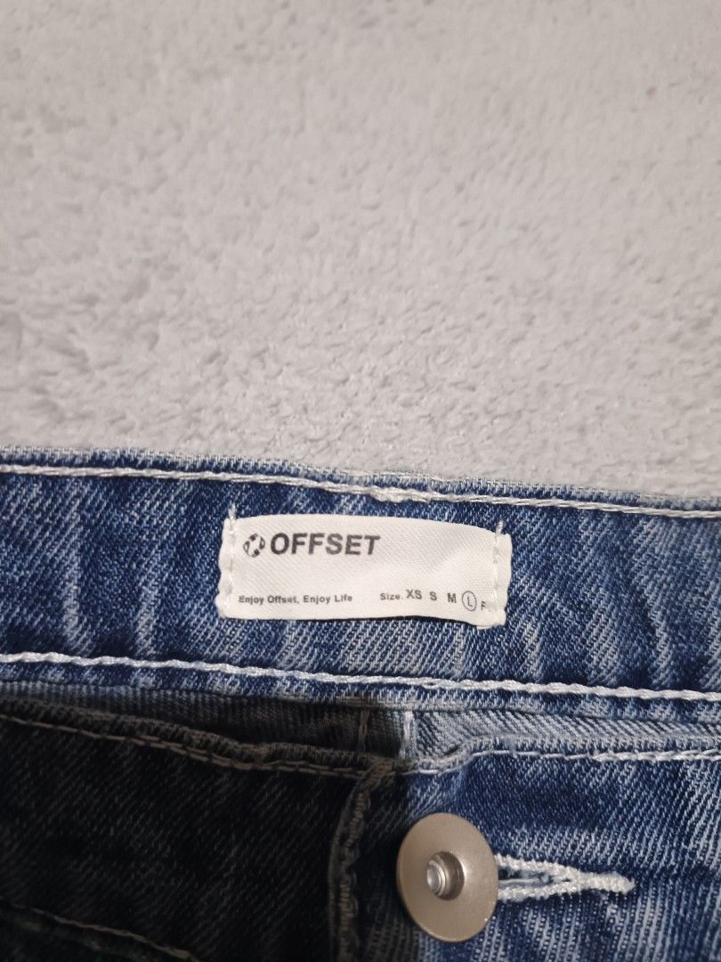 Offset Denim Shorts Size L Blue (Category: Shorts) located in Manila. Submitted by leerarefinds (Listing ID 1470267596, Image 3). Description: +sf - Brand: Offset - Condition: Brand new with tag attached - Size: L - Wash: Medium blue - Details: Classic five-pocket styling, contrast stitching, metal button closure, and zipper fly - Extra: Includes matching white drawstring cords - Material: Sturdy, classic denim weight.