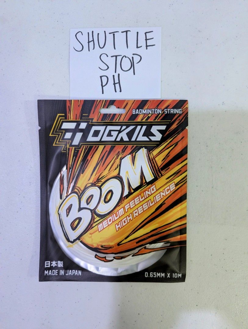 OGKILS BOOM Badminton String (0.65mm) (Category: Racket and Ball Sports) located in Manila. Submitted by shuttlestopph (Listing ID 1470216294, Image 3). Description: Similar to Yonex Exbolt 65 and Yonex BG66 Ultimax OGKILS DS-BOOM is a thin, 0.65mm premium badminton string made in Japan that delivers explosive power and highly responsive repulsion. It features a medium hitting feel that cushions heavy impacts while providing a springy, trampoline