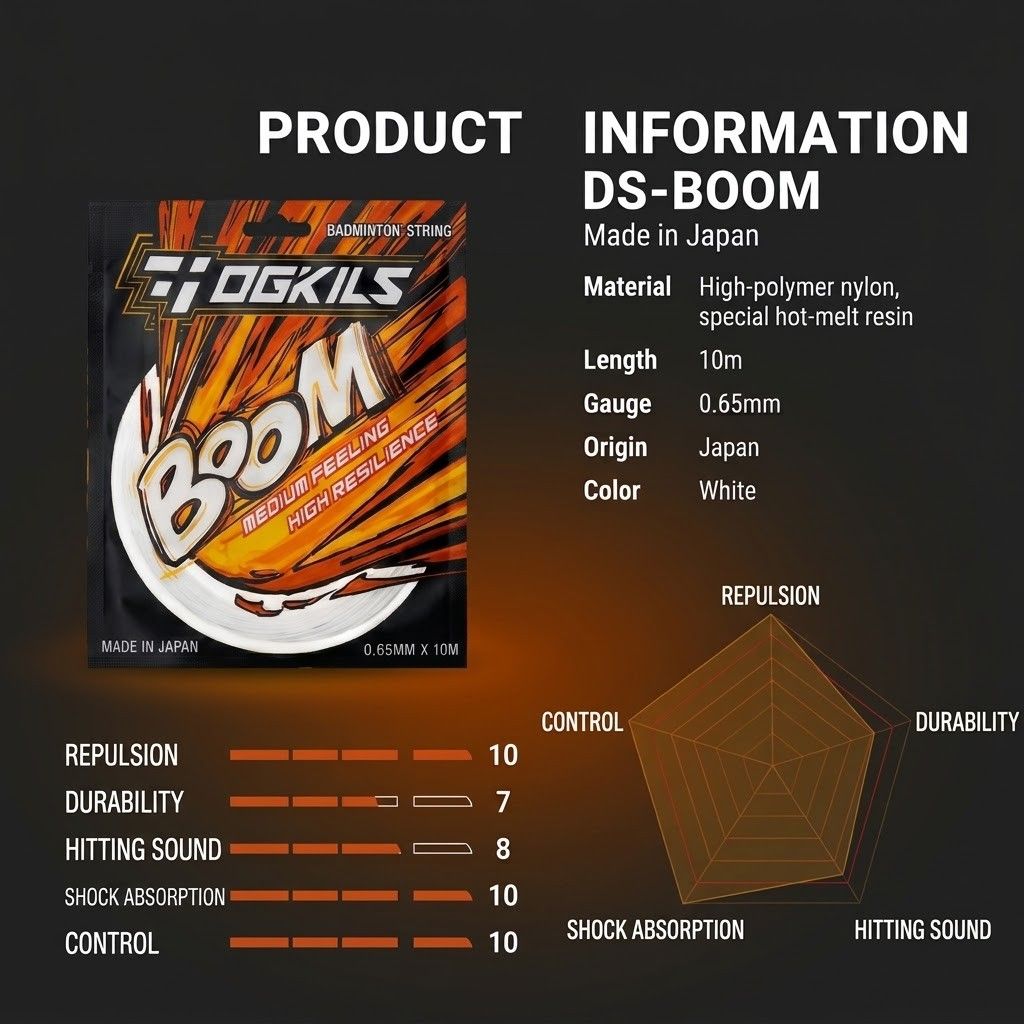 OGKILS BOOM Badminton String (0.65mm) (Category: Racket and Ball Sports) located in Manila. Submitted by shuttlestopph (Listing ID 1470216294, Image 2). Description: Similar to Yonex Exbolt 65 and Yonex BG66 Ultimax OGKILS DS-BOOM is a thin, 0.65mm premium badminton string made in Japan that delivers explosive power and highly responsive repulsion. It features a medium hitting feel that cushions heavy impacts while providing a springy, trampoline