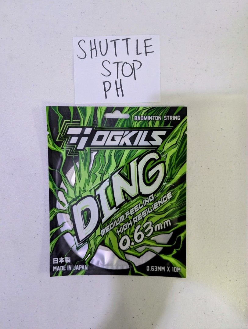 OGKILS DING Badminton String (0.63mm) (Category: Racket and Ball Sports) located in Manila. Submitted by shuttlestopph (Listing ID 1470217267, Image 3). Description: Similar to Yonex Exbolt 63 OGKILS DS-DING is an ultra-thin 0.63mm badminton string designed for maximum repulsion power. It delivers a crisp hitting sound, excellent elasticity, and fast shuttle speed. Suited for offensive and quick playing style.