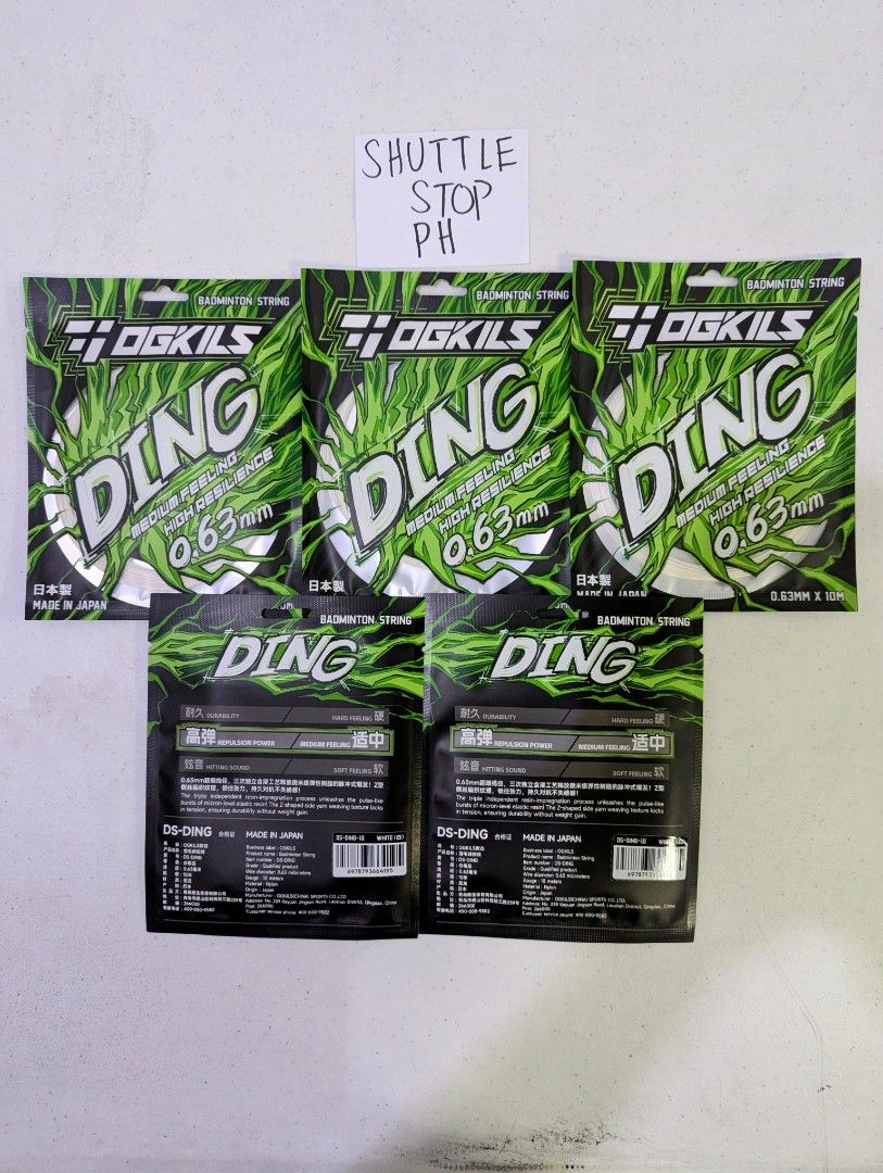 OGKILS DING Badminton String (0.63mm) (Category: Racket and Ball Sports) located in Manila. Submitted by shuttlestopph (Listing ID 1470217267, Image 1). Description: Similar to Yonex Exbolt 63 OGKILS DS-DING is an ultra-thin 0.63mm badminton string designed for maximum repulsion power. It delivers a crisp hitting sound, excellent elasticity, and fast shuttle speed. Suited for offensive and quick playing style.