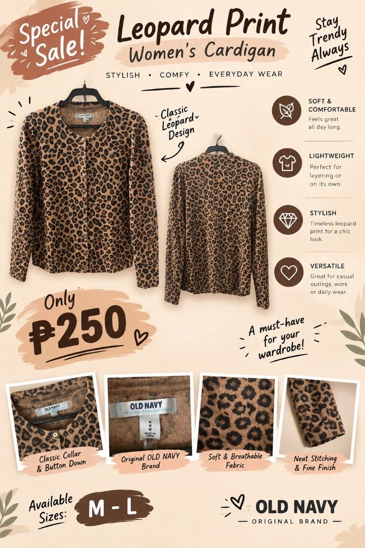 Old Navy Leopard Print Sweater (Category: Coats, Jackets and Outerwear) located in Bulacan. Submitted by ditchandswitch (Listing ID 1470286747, Image 1). Description: Old Navy Leopard Print Ganda parin nito RFS: Decluttering.
