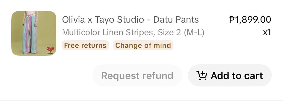 Olivia x Tayo Studio Datu Pants Multicolor Linen Stripes (Category: Other Bottoms) located in Cainta. Submitted by lucybadussy (Listing ID 1470222857, Image 3). Description: - Brand: Olivia x Tayo Studio (Datu pants) - Condition: Brand new, unworn - Size: Size 2 (fits 28-30 waist) - Material: Breathable, lightweight linen rfs: doesnt fit me.