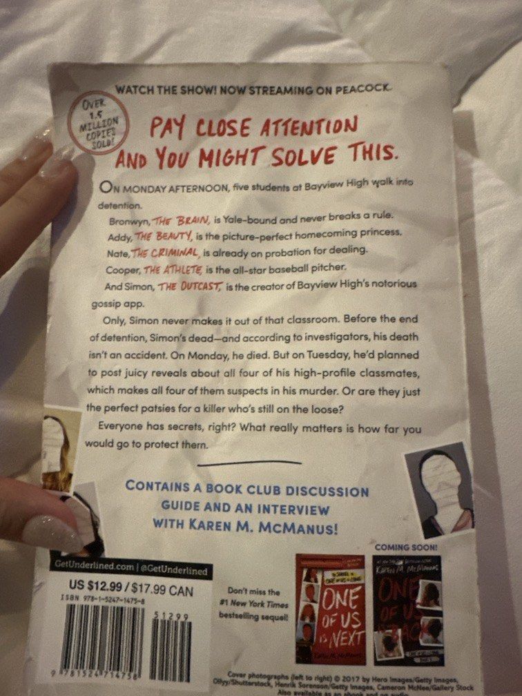 ONE OF US IS LYING BOOK (Category: Storybooks) located in Manila. Submitted by aylaaraeee (Listing ID 1470277756, Image 1). Description: price negotiable decluttering books :) .