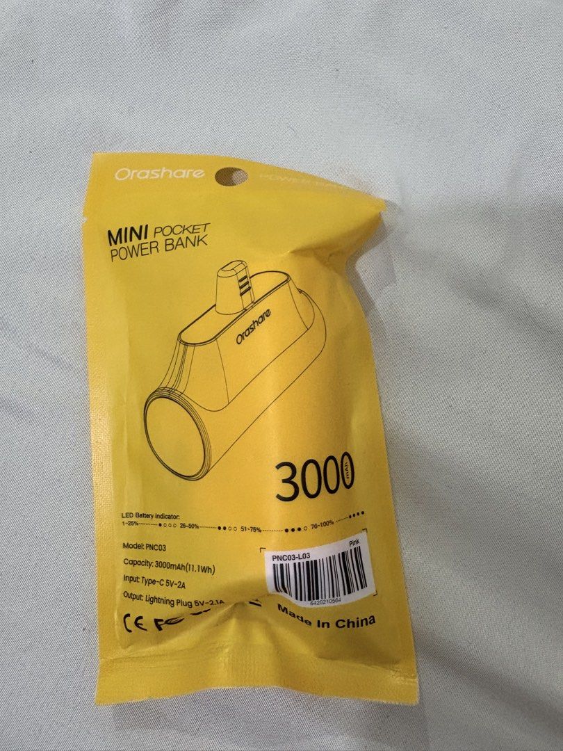 Orashare pocket powerbank (lightning) (Category: Batteries & Power Banks) located in Manila. Submitted by jai_declutters (Listing ID 1470312824, Image 2). Description: Unopened Lightning adapter Mop: gcash / maribank Mod: jnt/lalamove.