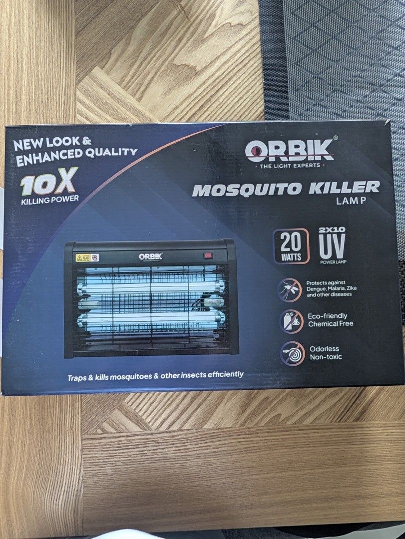 Orbik Mosquito Killer Lamp 20 Watts UV Power (Category: Lighting) located in Manila. Submitted by seanapaul (Listing ID 1470180337, Image 1). Description: - Brand: Orbik - Power: 20 Watts (2 x 10W UV lamps) - Protection: Helps prevent dengue, malaria, and Zika - Eco-friendly: 100% chemical-free, odorless, and non-toxic - Performance: Efficiently traps and kills mosquitoes and other flying insects - Inclusion: Original box included.