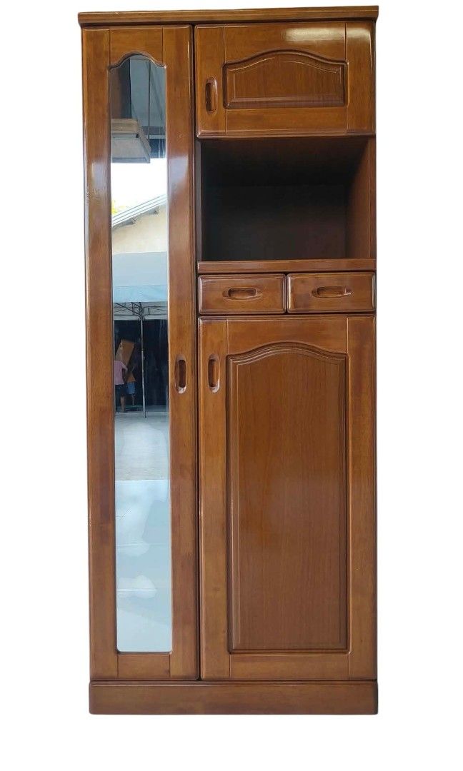 ORGANIZER DISPLAY SHELF CABINET (Category: Shelves, Cabinets & Racks) located in Mexico. Submitted by mgracejapansurplus (Listing ID 1470280024, Image 1). Description: NEW ARRIVAL 🔥 JAPAN LUXURY (Surplus) ORGANIZER DISPLAY SHELF CABINET ✨ - Solid Wood Organizer Display Shelf Cabinet - Warm polished wood finish with elegant carved detailing - Full-length mirror on the left, open display shelf on top right - 2 small drawers + bottom cabinet for hi