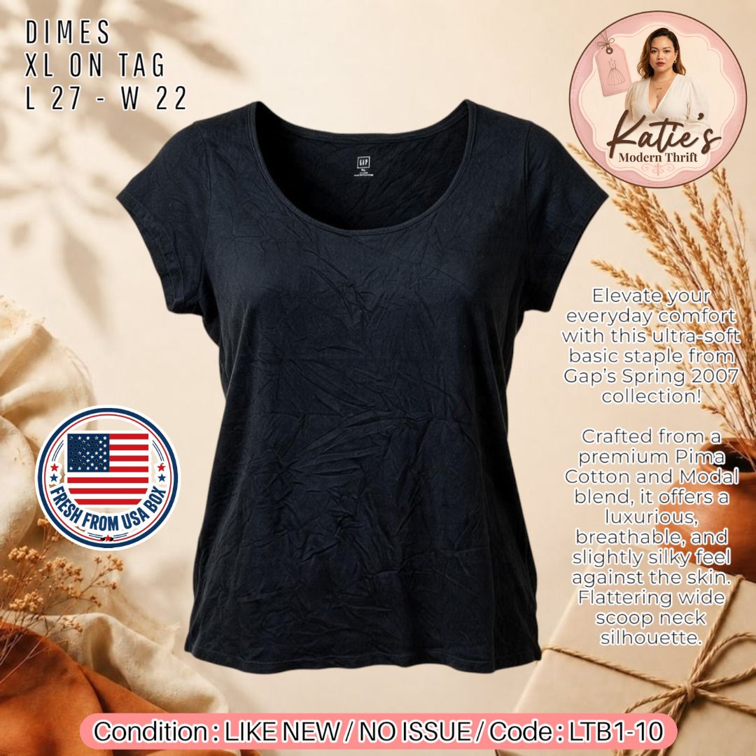 ORIGINAL GAP Y2K Basic Scoop Neck Top - Soft Premium Blend (Category: Shirts) located in Morong. Submitted by katiesmodernthrift (Listing ID 1470220839, Image 1). Description: ✨ AUTHENTIC VINTAGE GAP PREMIUM BASIC TEE (SPR '07) ✨ Elevate your everyday comfort with this ultra-soft basic staple from Gap’s Spring 2007 collection! Crafted from a premium Pima Cotton and Modal blend, it offers a luxurious, breathable, and slightly silky feel against th