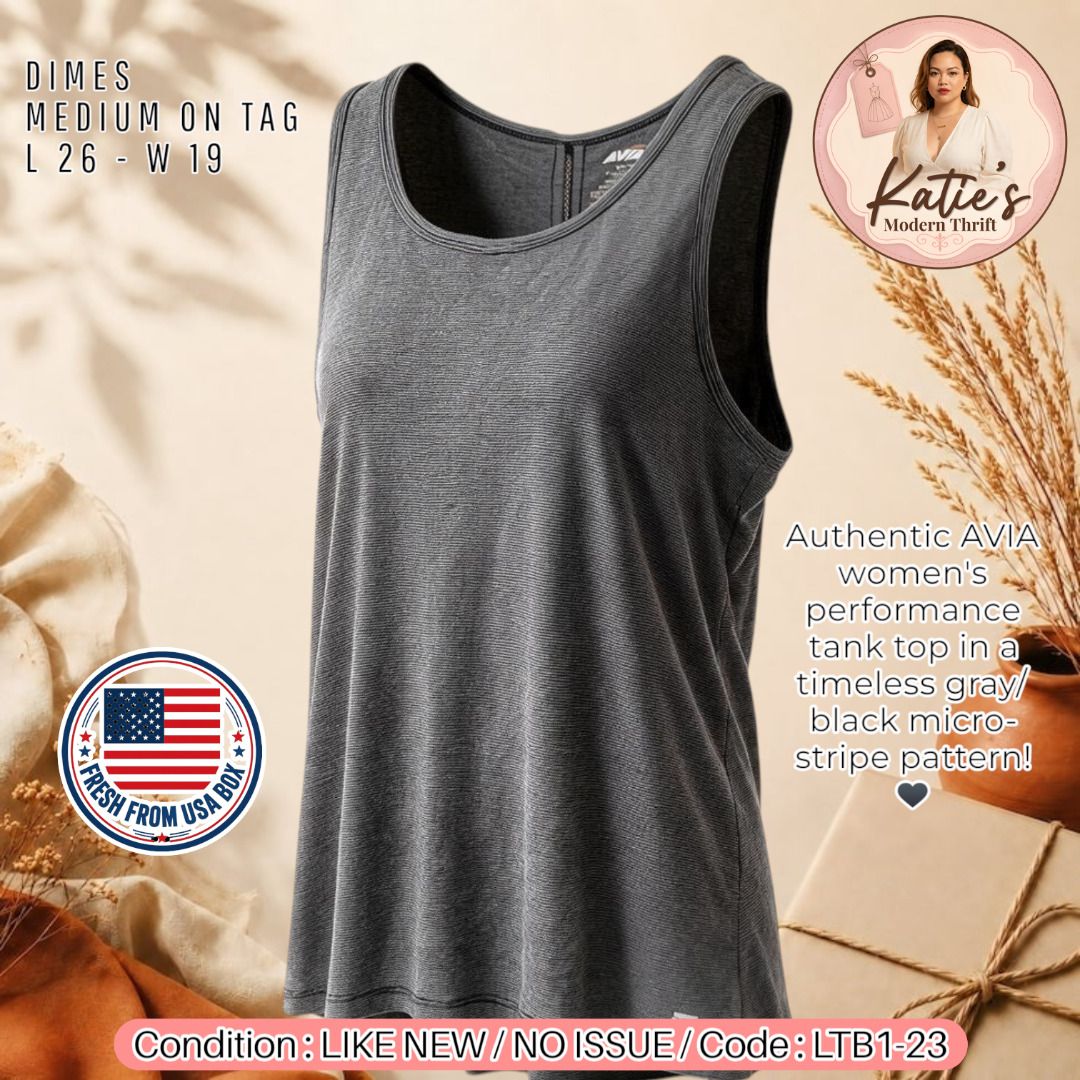 ORIGINAL VIA Micro-Stripe Activewear Tank Top (Medium) Mesh-Back (Category: Activewear) located in Morong. Submitted by katiesmodernthrift (Listing ID 1470214986, Image 1). Description: AVIA Micro-Stripe Activewear Tank Top (Medium) Mesh-Back Description: Authentic AVIA women's performance tank top in a timeless gray/black micro-stripe pattern! 🖤 ✨ Features: • Brand: Authentic AVIA (Style: AVL18080) • Size: Medium (Fits local M-L comfortably, re