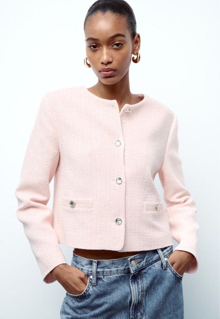 Original Zara Pink Tweed Jacket (Preloved) (Category: Coats, Jackets and Outerwear) located in Cavite. Submitted by yrdce (Listing ID 1470322246, Image 3). Description: Original , bought in Zara store (price almost 4k) Worn once Size small Baby Pink RFS decluttering.