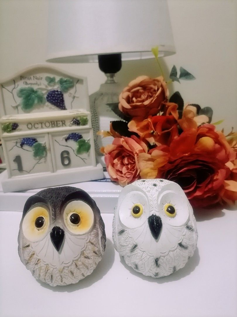 Owl Figurines Set Resin Decor Pair (Category: Figurines & Statues) located in Malaybalay. Submitted by thevintagevibes (Listing ID 1470181895, Image 1). Description: - Set of 2 decorative owl figurines - Colors: Dark brown/grey and white/grey - Features detailed feather carving and big round yellow and black eyes - Heavy resin material, ideal for shelf decor or paperweights - Condition: Flawless, no chips or cracks, clean.