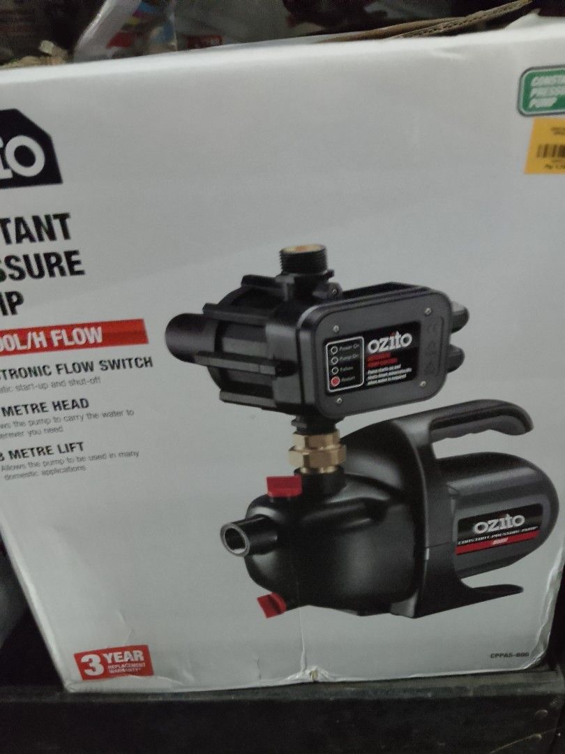 Ozito 800W Constant Pressure Pump CPPA5-800 (Category: Construction Tools & Equipment) located in Manila. Submitted by kamanowkhmr (Listing ID 1470159850, Image 3). Description: - Brand: Ozito 800W Constant Pressure Pump - Features automatic pump control and electronic flow switch - Powers up automatically when water is needed - Ideal for garden watering and boosting household water pressure - Heavy-duty black housing for durability - Standard PH