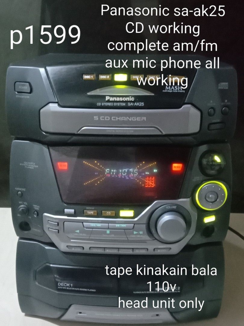 Panasonic sa-ak25 head unit only 1110v (Category: Soundbars, Speakers & Amplifiers) located in Manila. Submitted by redvincent01640 (Listing ID 1470209192, Image 1). Description: - Panasonic SA-AK25 stereo system head unit only (110V power requirement) - Fully working CD player, AM/FM radio, aux, and mic/phone functions - Clear digital display with working equalizer settings - Cassette tape deck is non-functional (eats tapes / kinakain) - Great v