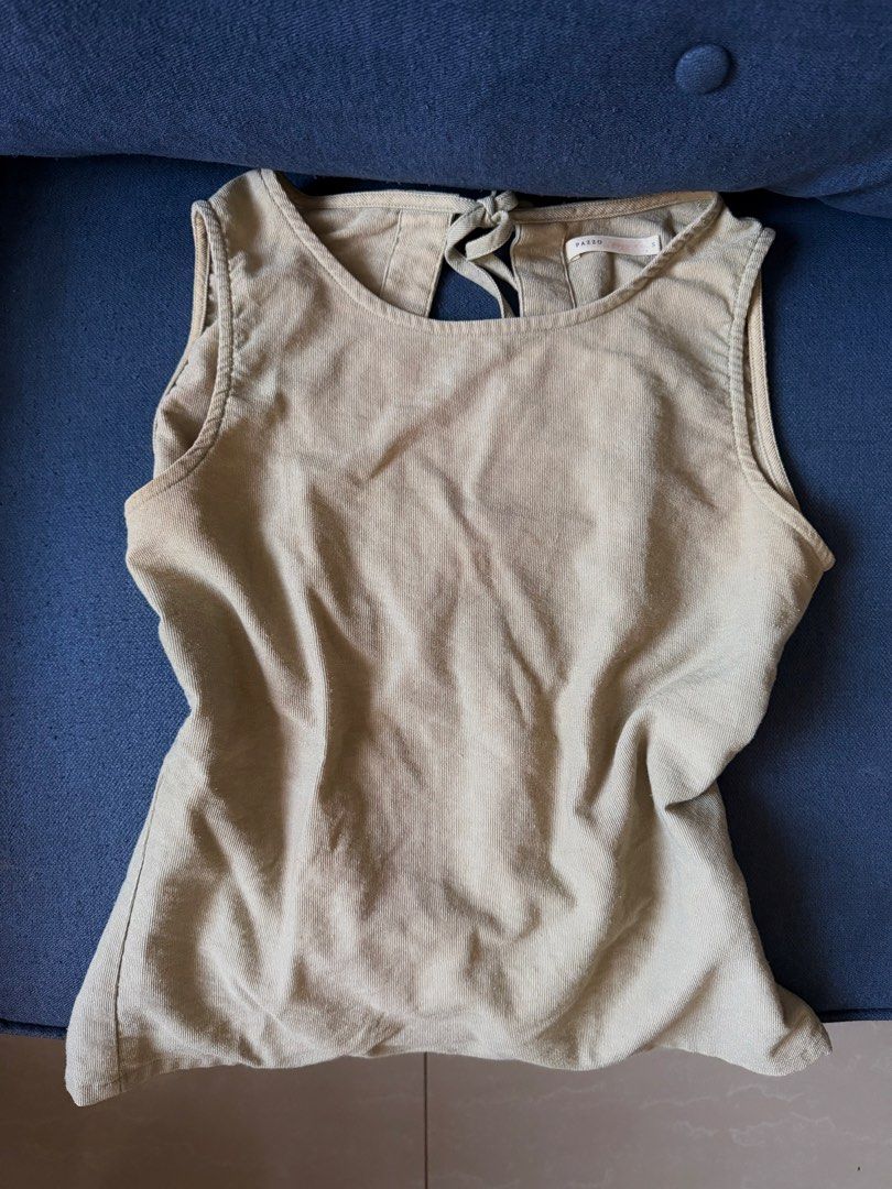 Ribbon blouse (Category: Sleeveless) located in Makati City. Submitted by zewwyyy (Listing ID 1470249455, Image 2). Description: size: small brand: Pazzo color: sage green can be worn either way ! （╹◡╹） rfs: decluttering.