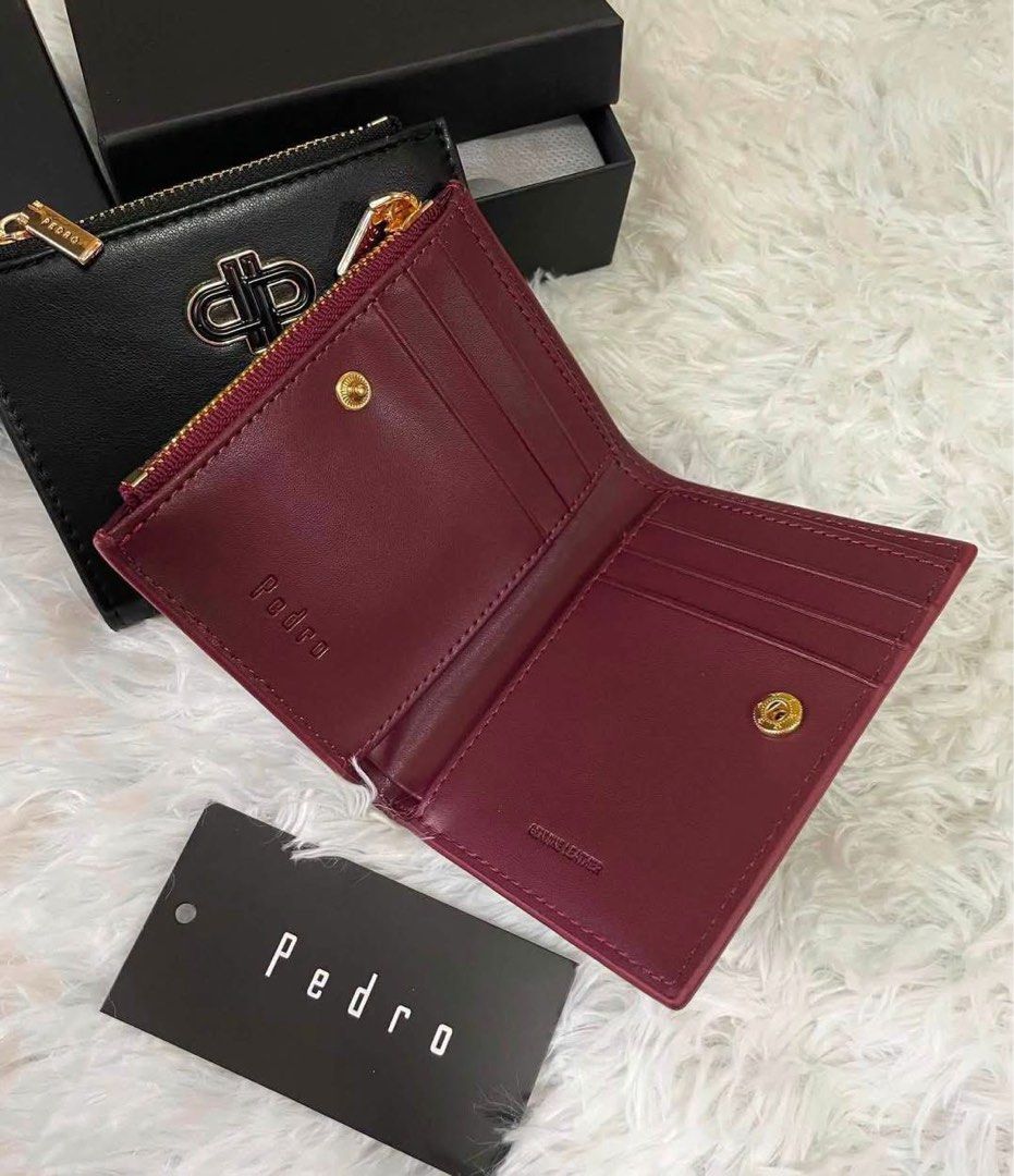 Pedro Maroon Wallet with Box (Category: Wallets & Card holders) located in Manila. Submitted by manilynpitero (Listing ID 1470144164, Image 3). Description: - Brand: Pedro - Color: Maroon - Material: Real leather - Design: Compact bifold with snap button closure - Hardware: Gold tone - Features: Front zipper coin compartment and multiple card slots - Condition: Brand new with tags attached - Inclusion: box included.
