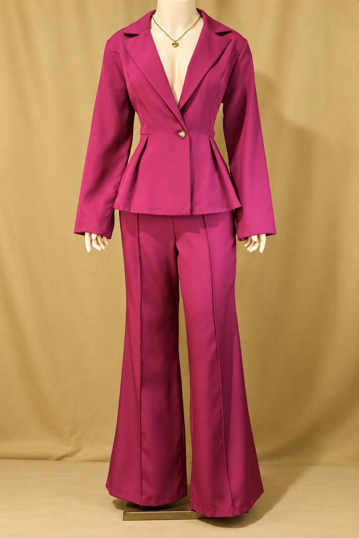 Peplum Blazer and Wide-Leg Pants Set (Category: Sets or Coordinates) located in Manila. Submitted by babii08 (Listing ID 1470230276, Image 1). Description: - Color: Vibrant magenta / purple-pink - Set includes: Structured peplum blazer and high-waisted wide-leg trousers - Blazer details: Single-button closure and classic lapel collar - Trouser details: Professional front crease design - Versatility: Ideal for formal events, office wear, and dinne