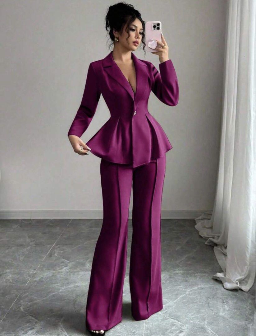 Peplum Blazer and Wide-Leg Pants Set (Category: Sets or Coordinates) located in Manila. Submitted by babii08 (Listing ID 1470230276, Image 2). Description: - Color: Vibrant magenta / purple-pink - Set includes: Structured peplum blazer and high-waisted wide-leg trousers - Blazer details: Single-button closure and classic lapel collar - Trouser details: Professional front crease design - Versatility: Ideal for formal events, office wear, and dinne