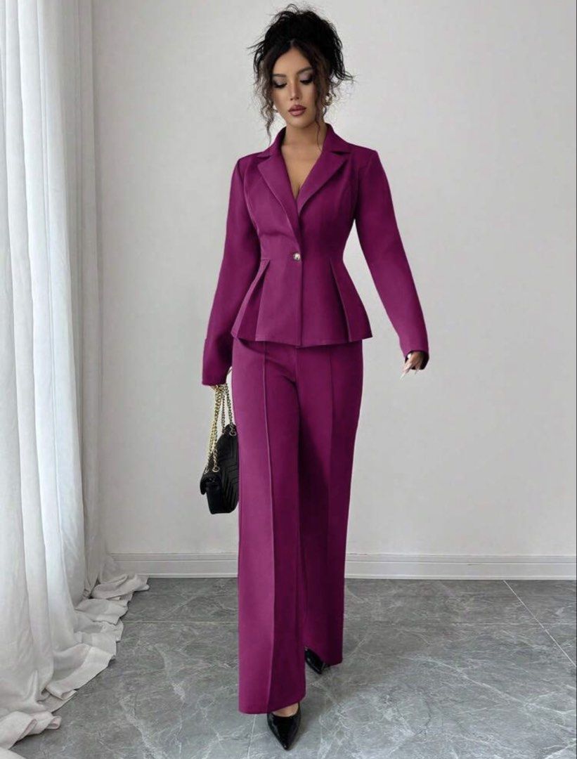 Peplum Blazer and Wide-Leg Pants Set (Category: Sets or Coordinates) located in Manila. Submitted by babii08 (Listing ID 1470230276, Image 3). Description: - Color: Vibrant magenta / purple-pink - Set includes: Structured peplum blazer and high-waisted wide-leg trousers - Blazer details: Single-button closure and classic lapel collar - Trouser details: Professional front crease design - Versatility: Ideal for formal events, office wear, and dinne