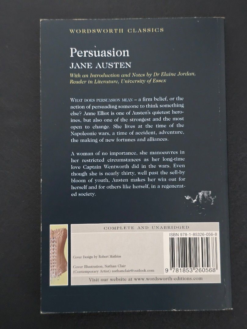Persuasion by Jane Austen (Category: Storybooks) located in Dasmarinas. Submitted by curatedreadsbykat (Listing ID 1470166508, Image 3). Description: ✨ Secondhand ✨ This is a preloved copy so kindly manage your expectations. May have flaws like dents, tanning, foxing, writings, etc. ✨ Kindly swipe left on the picture section of the listing to see the condition of the book..