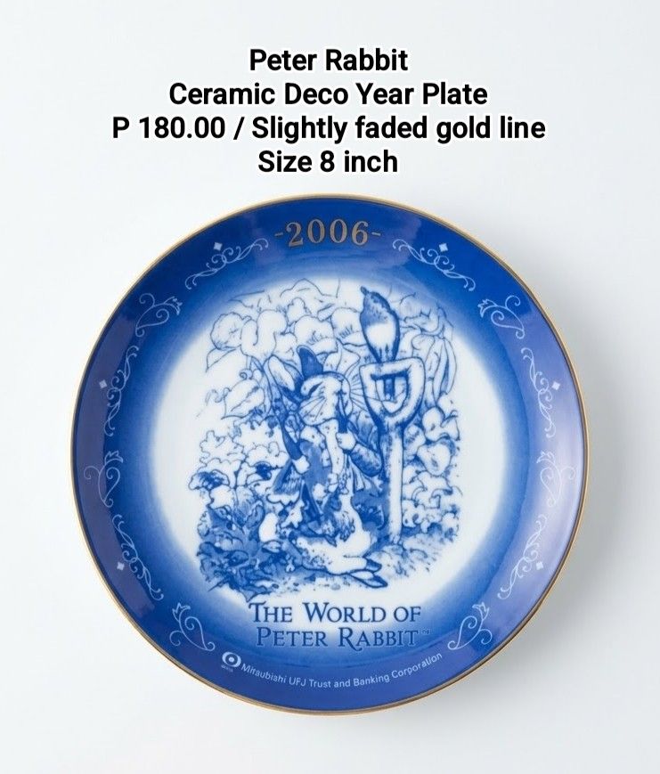 Peter Rabbit Deco Plate (Category: Other Home Decor) located in Binan City. Submitted by mayjhe (Listing ID 1470163090, Image 1). Description: 💛 For Sale 💛 🌸 Peter Rabbit 🍀 Ceramic Plate 📍 Condition: Good 💰 Price is ₱ 180.00 👉 Other details posted 🇵🇭 Location Biñan Laguna 🛵 Courier J& T and Lalamove 📋 Shipping by schedule 📍 NO COD & COP 📌 All items are carefully packed and labeled with Fragile stickers for breakable goods. However, o