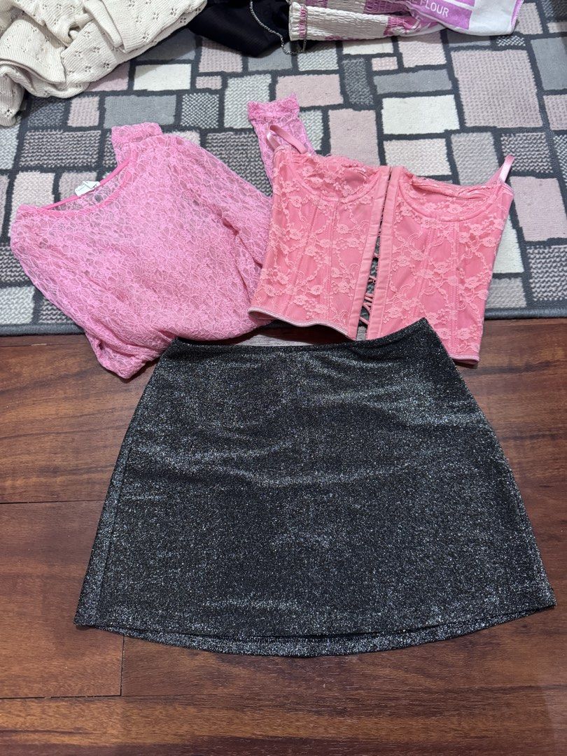 Pink halloween/Y2K/party outfit bundle (Category: Longsleeves) located in Quezon City. Submitted by peanutsquash (Listing ID 1470223099, Image 1). Description: - Can be bought separately: mesh pink top for 500 (bought for 1200+ in cotton on) pink corset top for 200 (shein) PINK (brand) glittery skirt for 400 (bought in dubai victoria secret for 800+, never used) - only used the pink mesh once for my bday but never reached for it again :") not my 