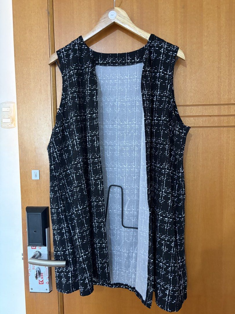 Plus size black vest (Category: Sleeveless) located in Taguig. Submitted by jgbrl_03 (Listing ID 1470215195, Image 1). Description: - Color/Pattern: Black with a white abstract grid design - Style: Sleeveless, open front (no buttons or zippers) - Fit: Lightweight, hangs loosely for a relaxed silhouette - never worn (not my style).