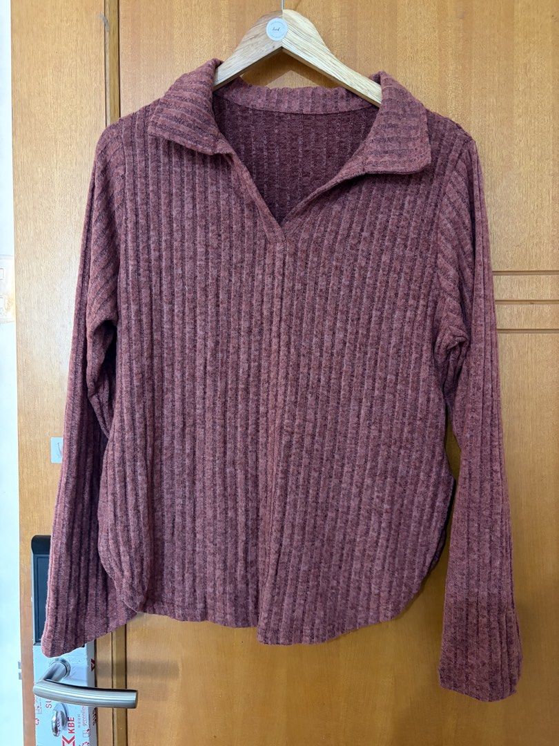 Plus size polo sweater (Category: Longsleeves) located in Taguig. Submitted by jgbrl_03 (Listing ID 1470214292, Image 1). Description: - Color: Dusty pink - Style: Relaxed fit with vertical ribbed texture and curved hem - Details: Long sleeves, folded collar with front V-neck slit - Material: Soft and comfortable knit - Used once.