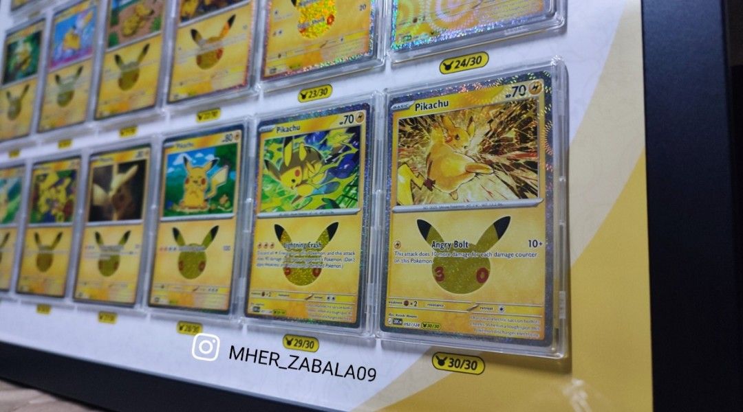 Pokemon 30th Anniversary Pikachu complete set (Category: Trading Cards Accessories) located in Manila. Submitted by ultimaweaponjc09 (Listing ID 1470197749, Image 2). Description: SELLING MY POKEMON 30TH ANNIVERSARY FRAME. (personal made) ➡️ 11k RFS - due urgent matters. - All cards were english version and protected by mini snap case. - with 2pcs 30th anniversary commemorative coins protected by coin case as well. 👉Will provide vouch thread as 