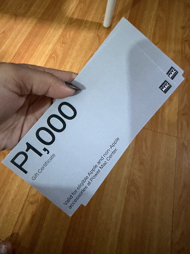 Power Mac Center P30,000 Gift Certificate (Category: Vouchers) located in Quezon City. Submitted by mhzlgsc (Listing ID 1470180487, Image 2). Description: - Item: Power Mac Center Gift Certificate - Denomination: P1,000 per piece - Validity: Usable for eligible Apple and non-Apple accessories at any Power Mac Center branch - Availability: Multiple pieces on hand - Send a message for inquiries and orders.