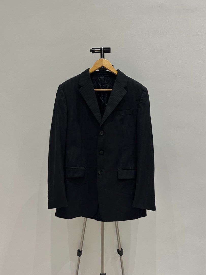 PRADA BLACK STRIPED Coat/ Suit (Category: Coats, Jackets and Outerwear) located in Baliuag. Submitted by thrift.king.ph (Listing ID 1470228033, Image 2). Description: PRADA BLACK STRIPED Coat / Suit Excellent condition Width: 20 M fit to large long Length: 31.