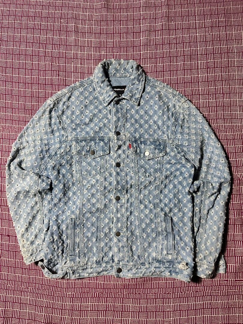 PRBLMS Distressed Light Wash Denim Jacket Size M (Category: Coats, Jackets and Outerwear) located in Manila. Submitted by wardrobeph.com (Listing ID 1470318670, Image 1). Description: - Brand: PRBLMS - Size: M - Wash: Light wash denim - Details: Heavy distressing with a raw hem finish - Back Design: Bold white chenille patch lettering spelling PRBLMS across the shoulders - Hardware: Metal button closures on front and chest pockets - Branding: Red