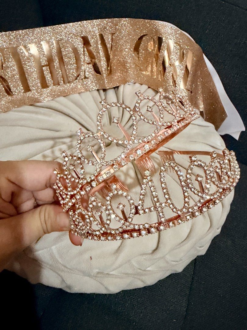 Pre-loved Birthday Crown and Sash Set (Category: Other Accessories) located in Muntinlupa City. Submitted by sashaloves (Listing ID 1470226482, Image 2). Description: Pre-loved Birthday Crown and Sash Set Bought from Shein Color: Rose Gold In very good used condition Used only once for pictorial Please manage your expectations. You are considering a used item. MOP: BPI | GCash | Maribank No COD/COP. SF c/o buyer..