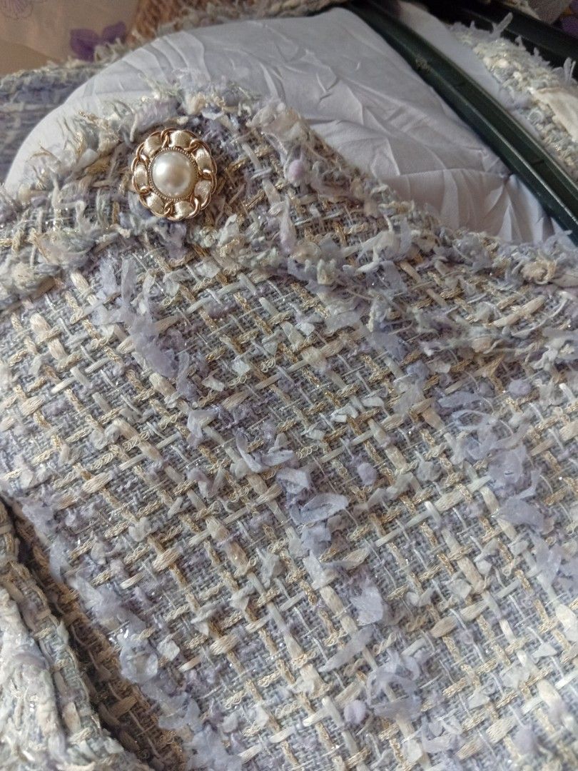 Premium Lavender Tweed Blazer (Category: Coats, Jackets and Outerwear) located in Rizal. Submitted by tweeds_by_n (Listing ID 1470202385, Image 2). Description: size: snall - med — no issues/flaws — complete buttons — with inner lining — working all pockets — color may vary due to lighting — buyer will shoulder the shipping fee — prem quality! mop: gcash mod: jnt or lalamove 📍 Binangonan, Rizal. . 📩DM us if interested!.