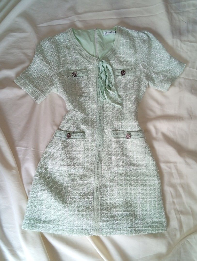 Premium Mint Green Tweed Dress (Category: Dresses) located in Rizal. Submitted by tweeds_by_n (Listing ID 1470207399, Image 1). Description: size: small bust: sagad 34 waist: 28-29 — no issues/flaws — complete buttons — with inner lining — working all pockets — working zipper — color may vary due to lighting — buyer will shoulder the shipping fee — prem quality! mop: gcash mod: jnt or lalamove 📍 Binangonan, Rizal. . 📩DM us if interested!.