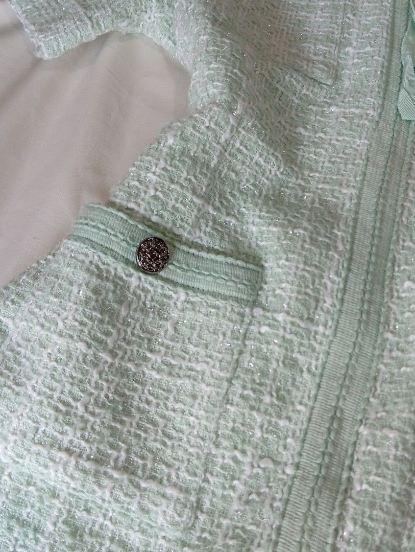 Premium Mint Green Tweed Dress (Category: Dresses) located in Rizal. Submitted by tweeds_by_n (Listing ID 1470207399, Image 2). Description: size: small bust: sagad 34 waist: 28-29 — no issues/flaws — complete buttons — with inner lining — working all pockets — working zipper — color may vary due to lighting — buyer will shoulder the shipping fee — prem quality! mop: gcash mod: jnt or lalamove 📍 Binangonan, Rizal. . 📩DM us if interested!.