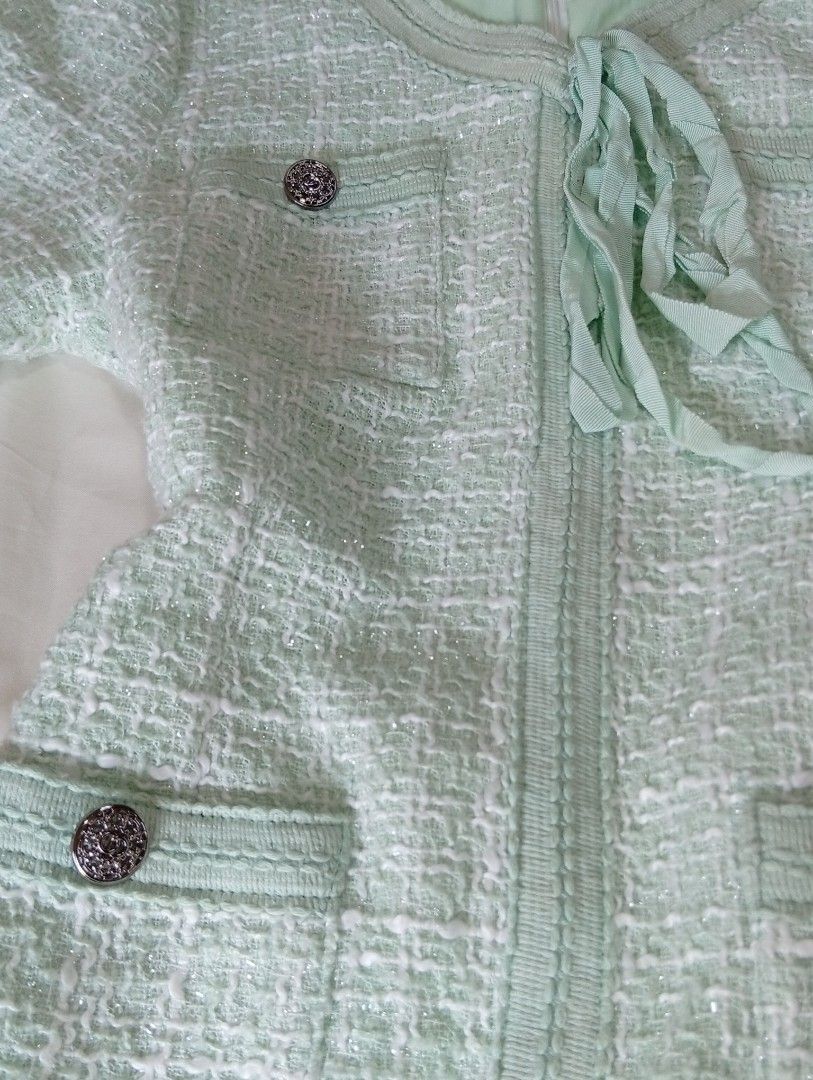 Premium Mint Green Tweed Dress (Category: Dresses) located in Rizal. Submitted by tweeds_by_n (Listing ID 1470207399, Image 3). Description: size: small bust: sagad 34 waist: 28-29 — no issues/flaws — complete buttons — with inner lining — working all pockets — working zipper — color may vary due to lighting — buyer will shoulder the shipping fee — prem quality! mop: gcash mod: jnt or lalamove 📍 Binangonan, Rizal. . 📩DM us if interested!.