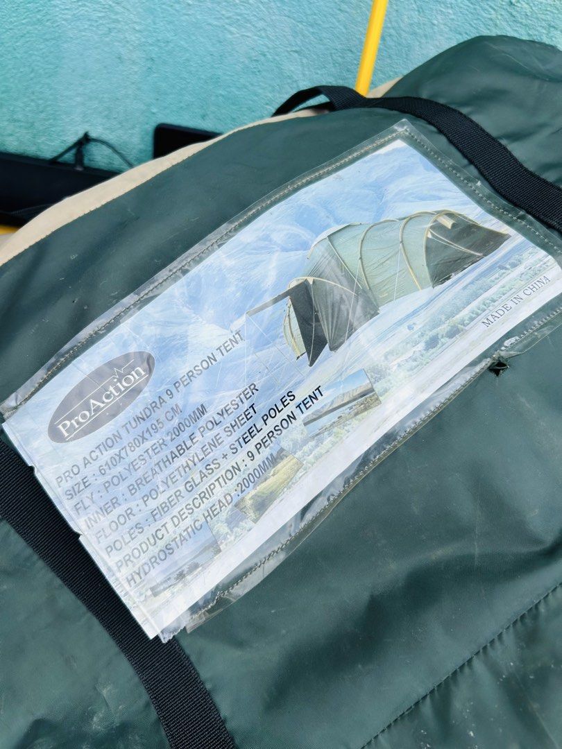 ProAction Tundra 9 Person Tent (Category: Hiking & Camping) located in Manila. Submitted by starbalesukandjapansurplus (Listing ID 1470162383, Image 2). Description: - Brand/Model: ProAction Tundra 9-Person Tent - Color: Green - Layout: Massive multi-room interior setup - Dimensions: 610 x 780 x 195 cm - Materials: Polyester fly with 2000mm hydrostatic head, breathable inner, and polyethylene floor - Frame: Sturdy fiberglass and steel poles inclu