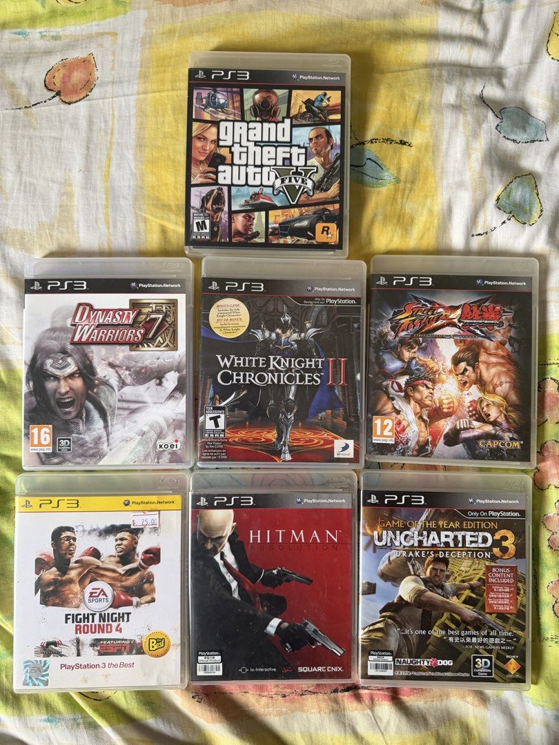 PS3 Games Bundle ! (Category: PlayStation) located in Singapore. Submitted by skylin3 (Listing ID 1470197101, Image 1). Description: - Bundle of 7 popular PS3 games - Games included: GTA V - $8 Dynasty Warriors 7 - $5 Street Fighter X Tekken - $5 White Knight - Sold Fight Night Round 4 - $3 Hitman Absolution - $3 Uncharted 3 GOTY Edition - $3 Take all for $22 - Condition: All discs come in their original plastic cases with cover art - Genre mix: 