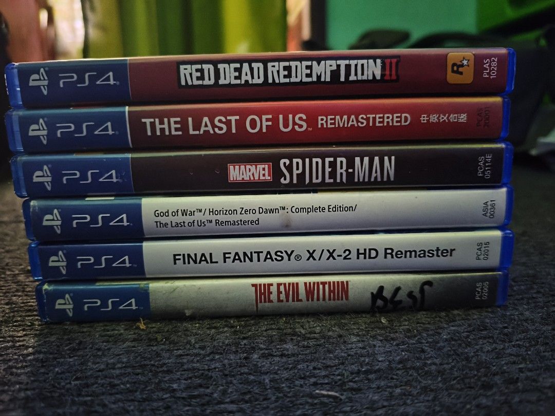 PS4 games (Category: PlayStation) located in Magpet. Submitted by zealphoenix-e875 (Listing ID 1470146229, Image 1). Description: Tlou - 700 Spiderman - 700 The Evil Within - 600 Final Fantasy - 600 Rdr2 - 800 GoW+Hzd - 900 Take all 3.5k.