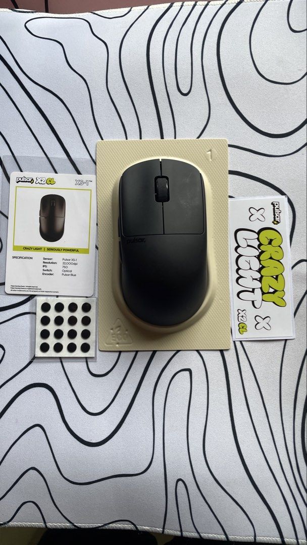 Pulsar X2 CL Crazy Light Wireless Gaming Mouse Jet Black Size 1 (Category: Mouse & Mousepads) located in Santa Rosa. Submitted by southstash.blvd (Listing ID 1470280552, Image 2). Description: Pulsar X2 CrazyLight Jet Black Price: ₱5,000 (SRP: ₱7,790) * Mint Condition * Can pass as new * Weight: 35g (dot skates) / 37g (regular skates) * Sensor: Pulsar XS-1 Optical Sensor * DPI: Up to 32,000 DPI * Polling Rate: Up to 8,000Hz * Tracking Speed: 750 