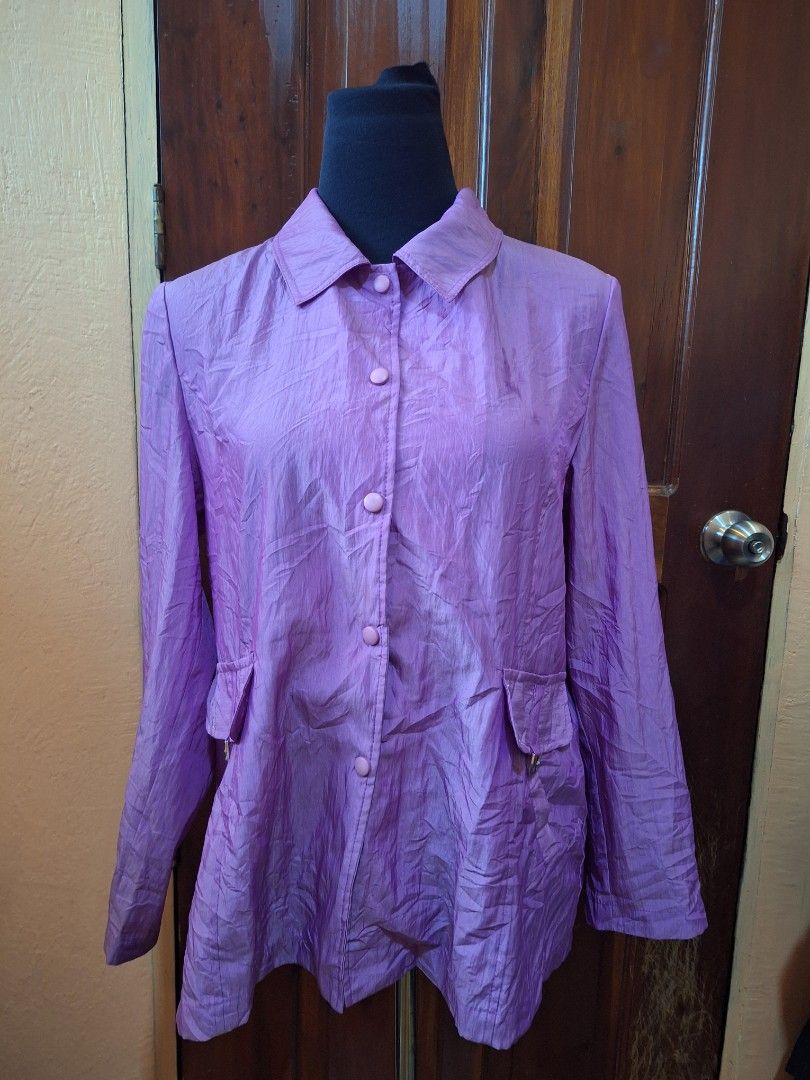 2000s Style Purple button-down jacket with pocket detailing (Category: Coats, Jackets and Outerwear) located in Balamban. Submitted by ubethan (Listing ID 1470214154, Image 1). Description: - Color: Purple - Material: Lightweight crinkled fabric - Closure: Button-front with matching round buttons - Pockets: Two chest pockets with buckled straps and rhinestone details - Features: Long sleeves, collar, and a matching back waist strap.