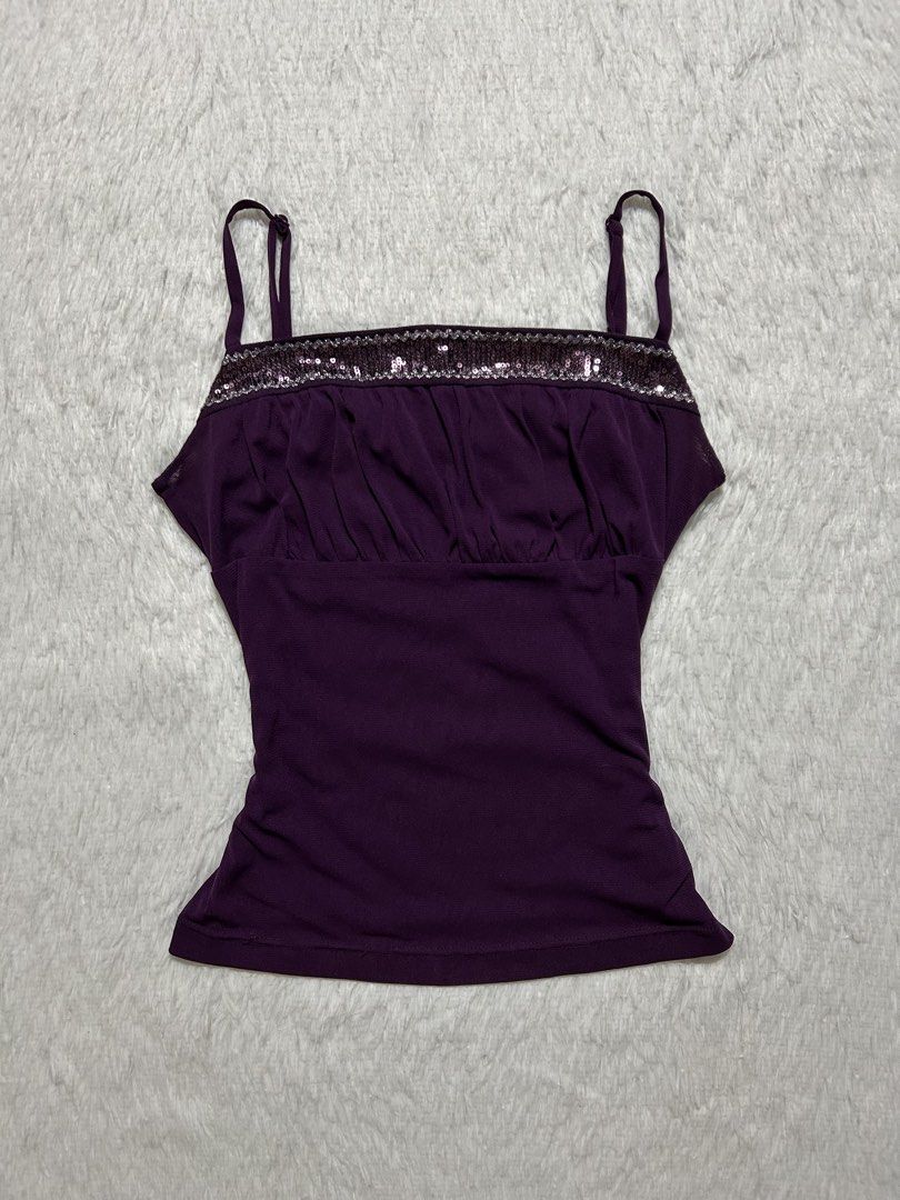 Purple Eequin-trimmed Ruched Cami Top (Category: Sleeveless) located in Quezon City. Submitted by herarchiveph (Listing ID 1470284327, Image 1). Description: Size 2 on tag Bust: 30 Inches Length: 20 Inches.