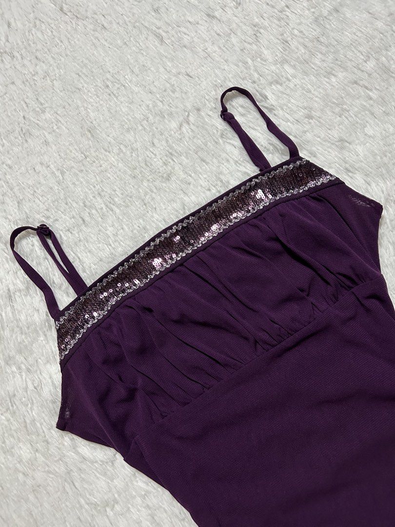 Purple Eequin-trimmed Ruched Cami Top (Category: Sleeveless) located in Quezon City. Submitted by herarchiveph (Listing ID 1470284327, Image 3). Description: Size 2 on tag Bust: 30 Inches Length: 20 Inches.