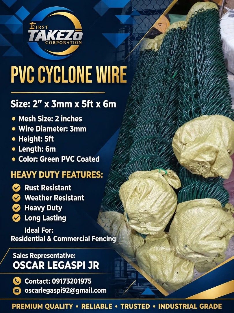 PVC Cyclone Wire (Category: Construction & Building Materials) located in Imus. Submitted by oscarlegaspi92 (Listing ID 1470276280, Image 1). Description: PVC Cyclone Wire Size : 2" x 3mm x 5ft x 6m.
