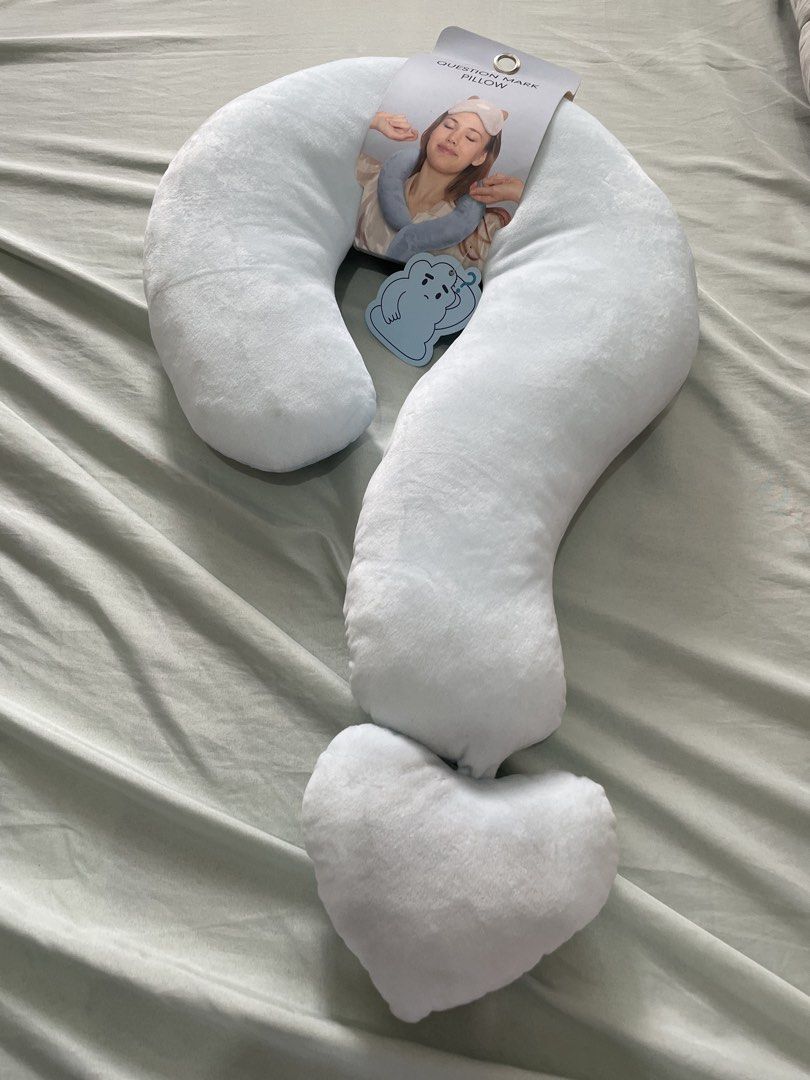 Question Mark Pillow Light Blue Plush (Category: Bedding & Towels) located in San Juan City. Submitted by redrosierose (Listing ID 1470177918, Image 2). Description: - Type: Novelty plush decor pillow - Design: Light blue question mark with a separate heart-shaped piece at the bottom - Size: Around 24 inches in total length - Material: Soft and cozy plush fabric - Condition: Brand new, still has the original tag and character tag attached - Perfe