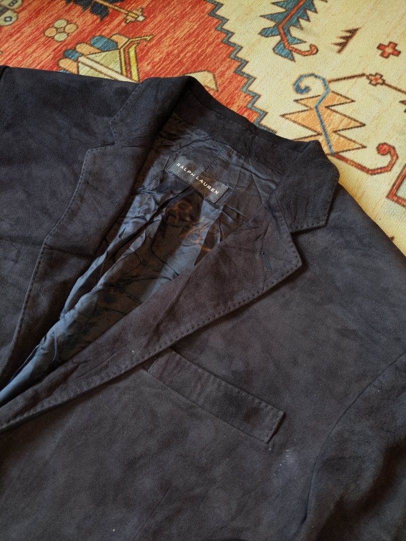 Ralph Lauren Black Label Suede Blazer Jacket Dark Navy (Category: Coats, Jackets and Outerwear) located in Pasig City. Submitted by loveforlux_2025 (Listing ID 1470236759, Image 2). Description: - Brand: Ralph Lauren - Color: Black - Material: Premium Suede with smooth full lining - Closure: Two-button front - Pockets: Flap pockets on lower front, single chest pocket - Collar: Classic lapel - Care: Professional leather clean only.