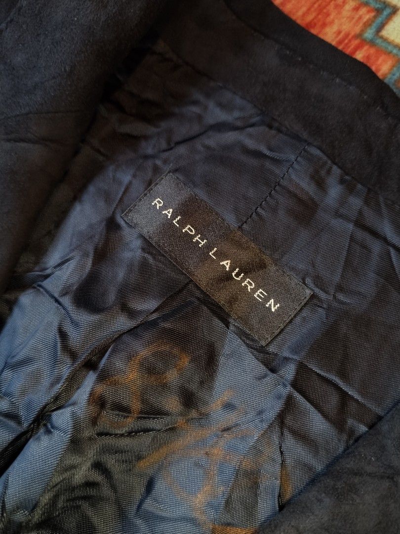 Ralph Lauren Black Label Suede Blazer Jacket Dark Navy (Category: Coats, Jackets and Outerwear) located in Pasig City. Submitted by loveforlux_2025 (Listing ID 1470236759, Image 3). Description: - Brand: Ralph Lauren - Color: Black - Material: Premium Suede with smooth full lining - Closure: Two-button front - Pockets: Flap pockets on lower front, single chest pocket - Collar: Classic lapel - Care: Professional leather clean only.