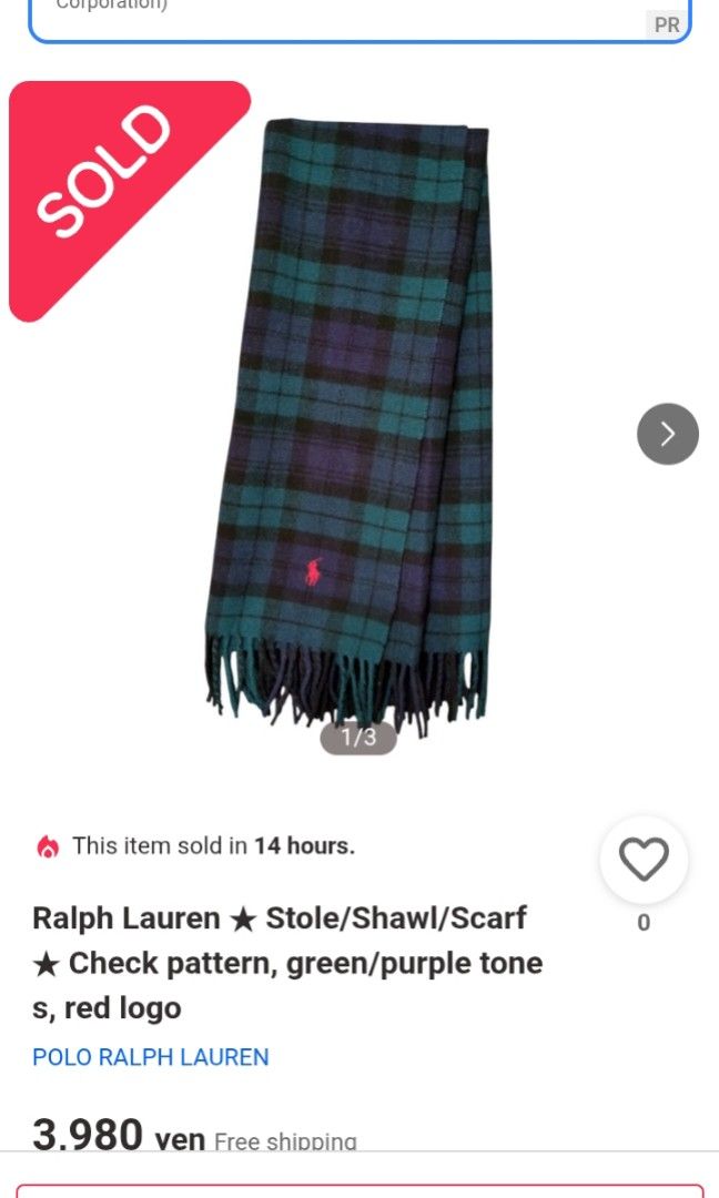Ralph Lauren Shawl (Category: Scarves) located in Puerto Princesa. Submitted by sefynna96 (Listing ID 1470186184, Image 2). Description: ✨priced around 1,600 pesos on Mercari ✨ in a very good used condition with no flaws length - 57 inches width - 29 inches tassels - 3 inches.